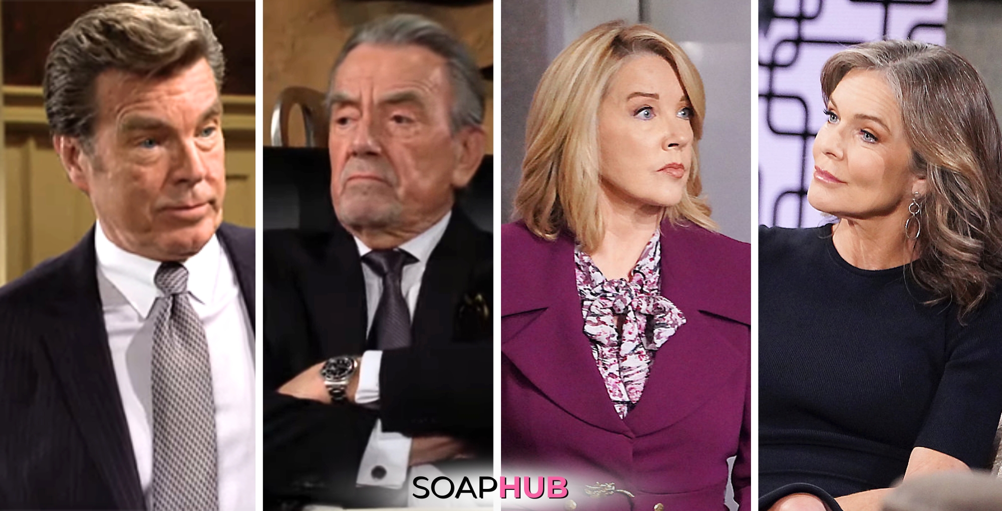 The Young and the Restless spoilers for June 14 feature Jack, Victor, Nikki, and Diane with the Soap Hub logo.