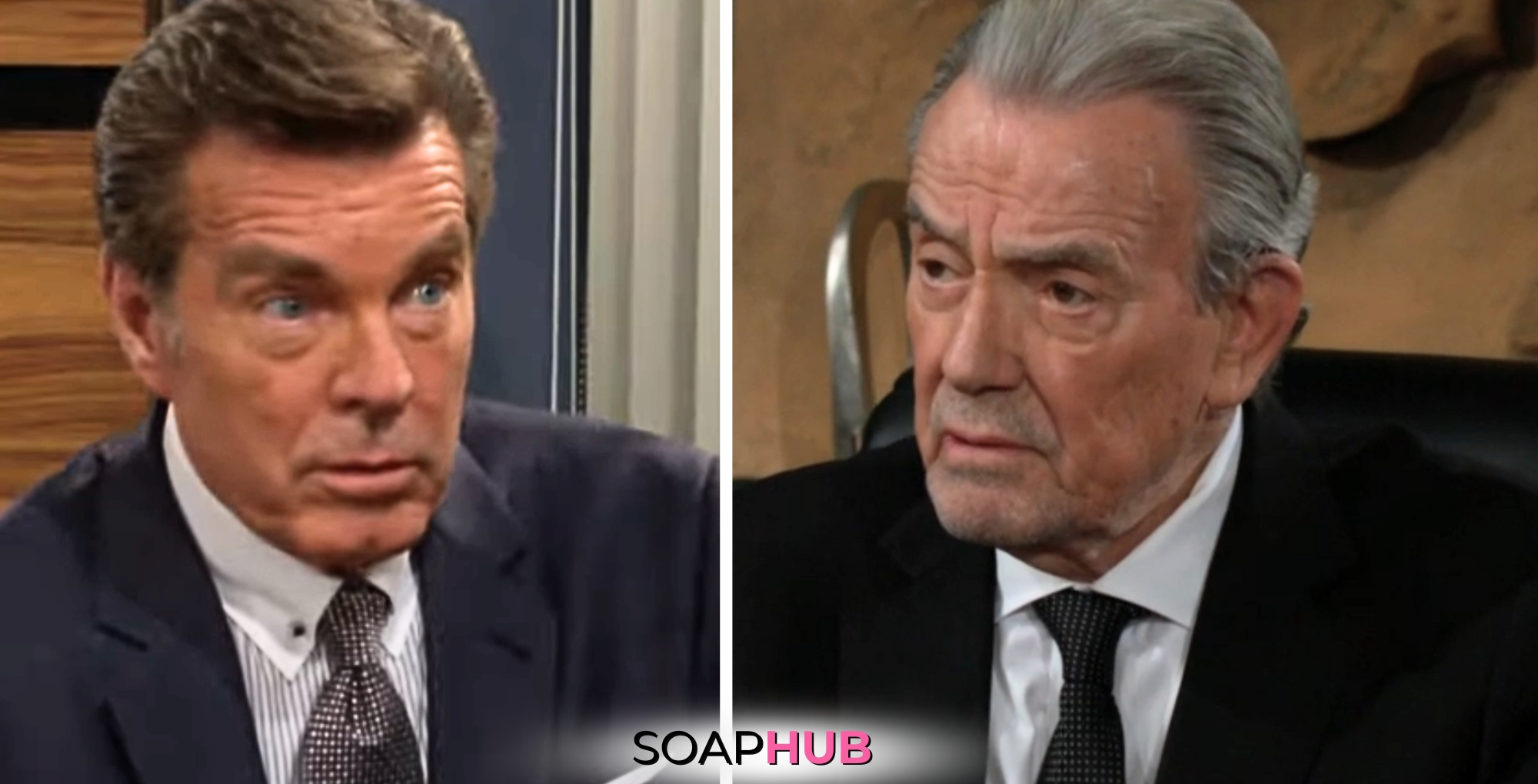 The Young and the Restless spoilers for June 12 feature Jack and Victor with the Soap Hub logo.
