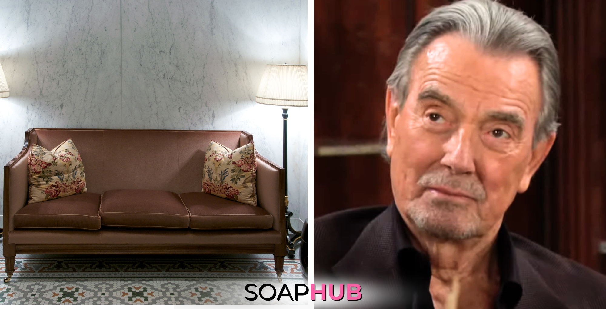 The Young and the Restless Eric Braeden, couch, and the Soap Hub logo.