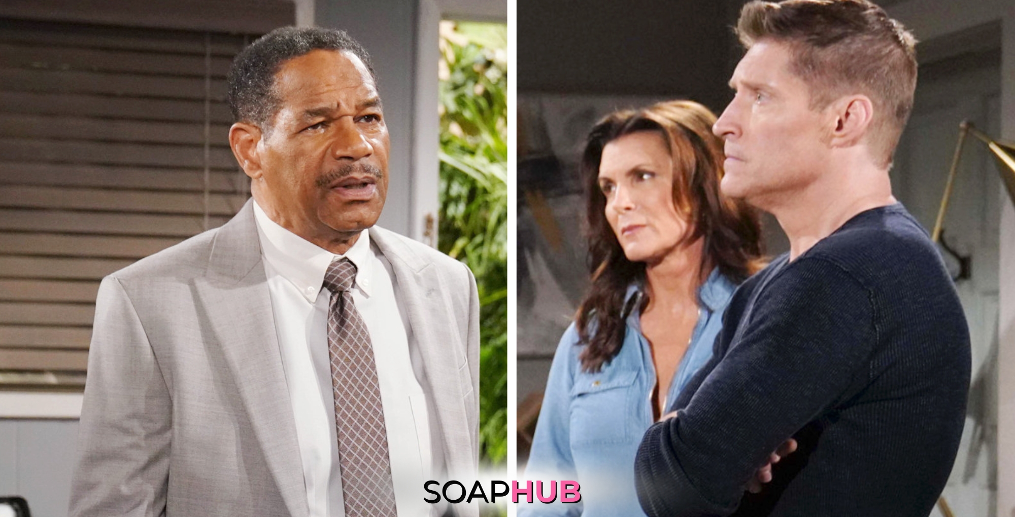 Bold and the Beautiful Spoilers for Wednesday, July 17 feature Detective Baker, Sheila and Deacon with the Soap Hub Logo Across the Bottom.