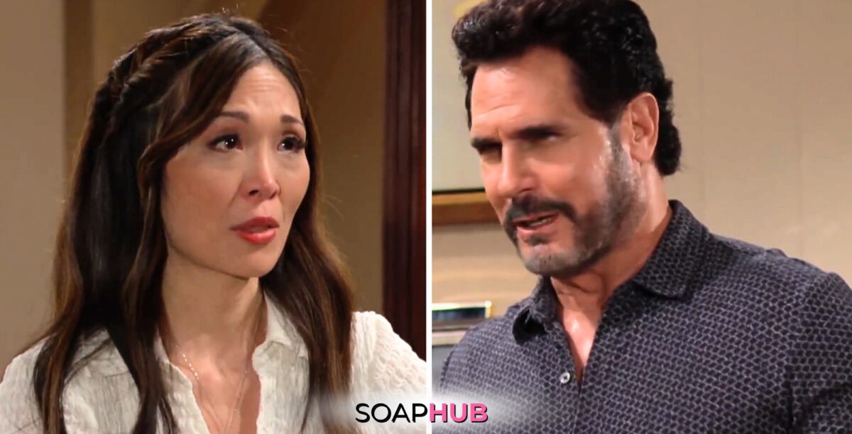 Bold and the Beautiful Spoilers for Tuesday July 30 Episode 9326 Feature Poppy and Bill with the Soap Hub Logo Across the Bottom.