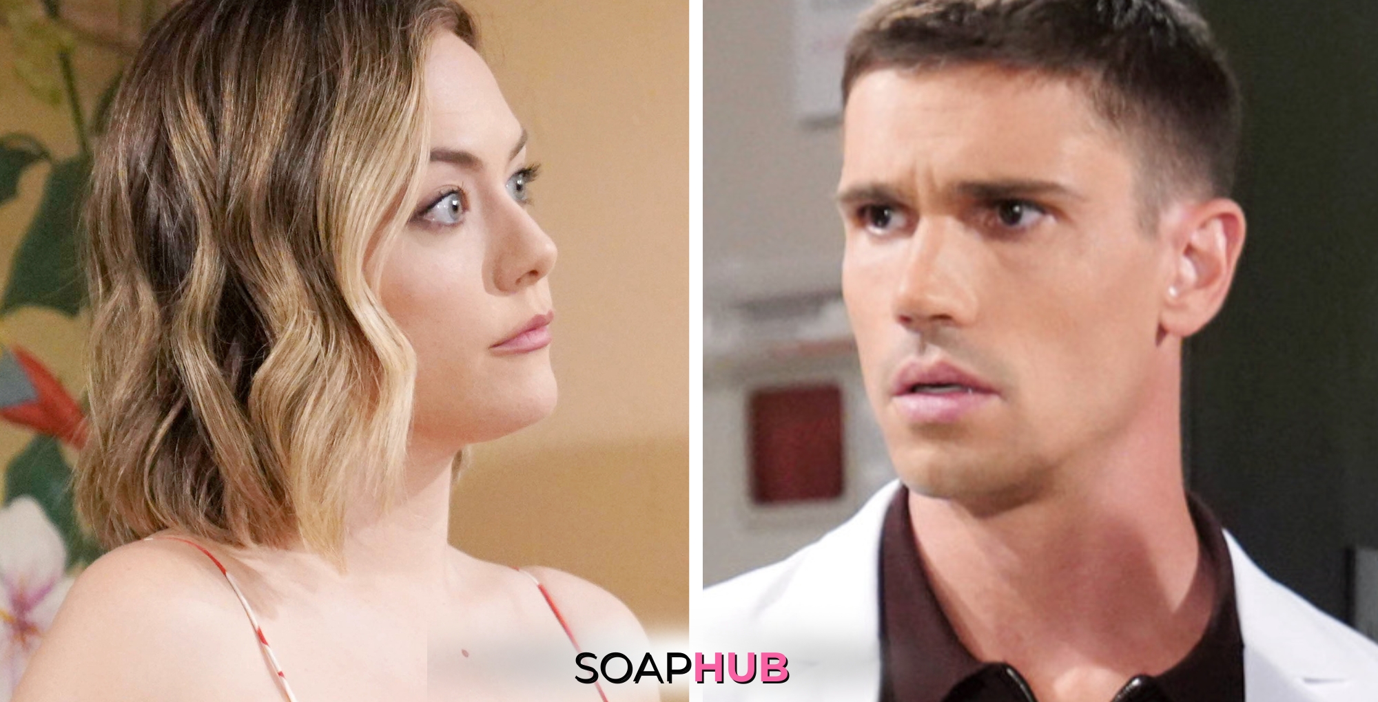 Bold and the Beautiful Spoilers for Monday, July 22, Episode 9320 Feature Hope and Finn with the Soap Hub Logo Across the Bottom.