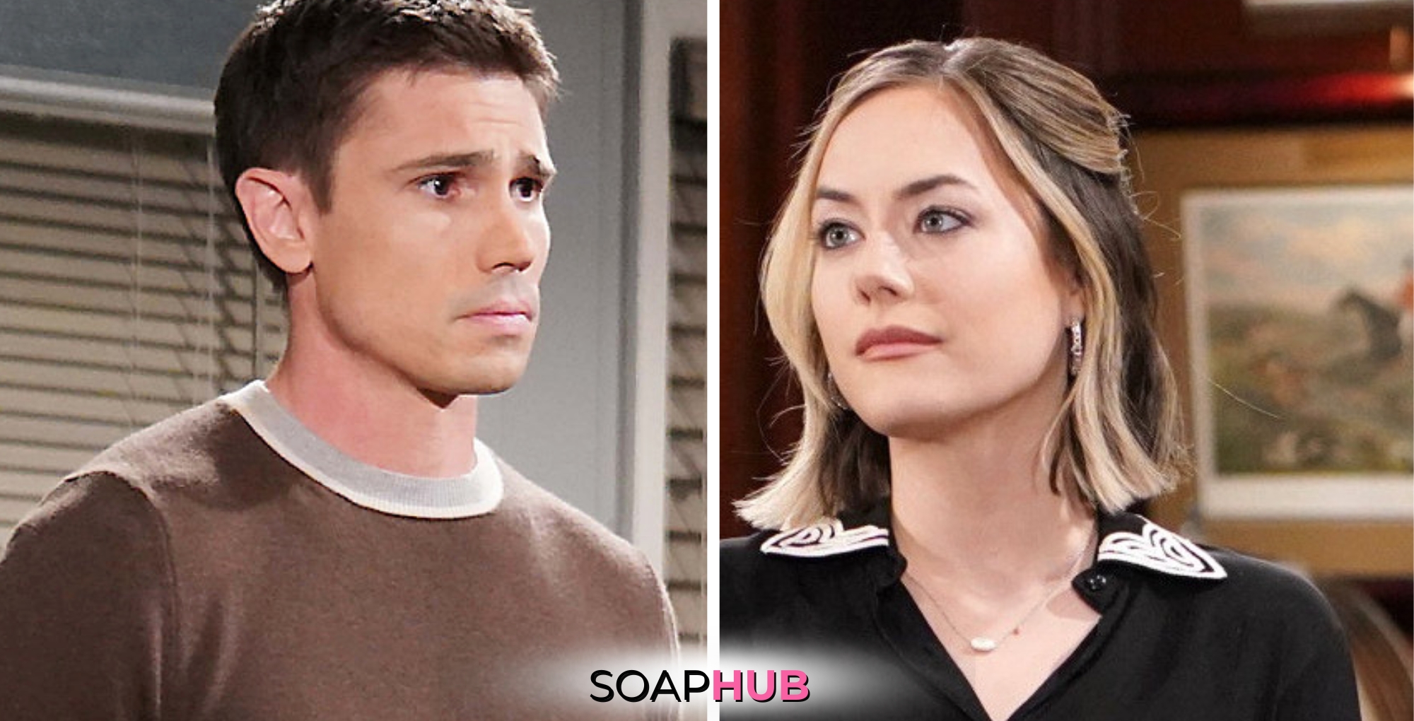 Bold and the Beautiful Spoilers for Tuesday, July 9, Episode 9311 Features Finn and Hope with the Soap Hub Logo Across the Bottom.