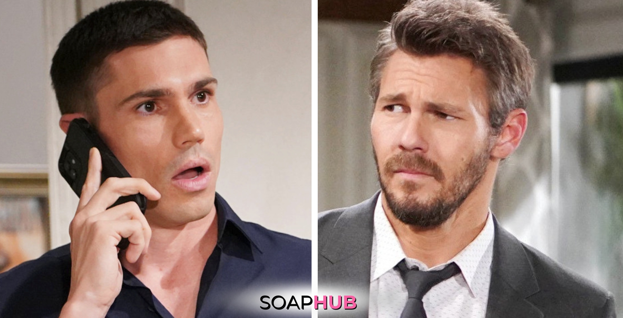 Bold and the Beautiful Spoilers for Friday, June 19, Episode 9319 Feature Finn and Liam with the Soap Hub Logo Across the Bottom.