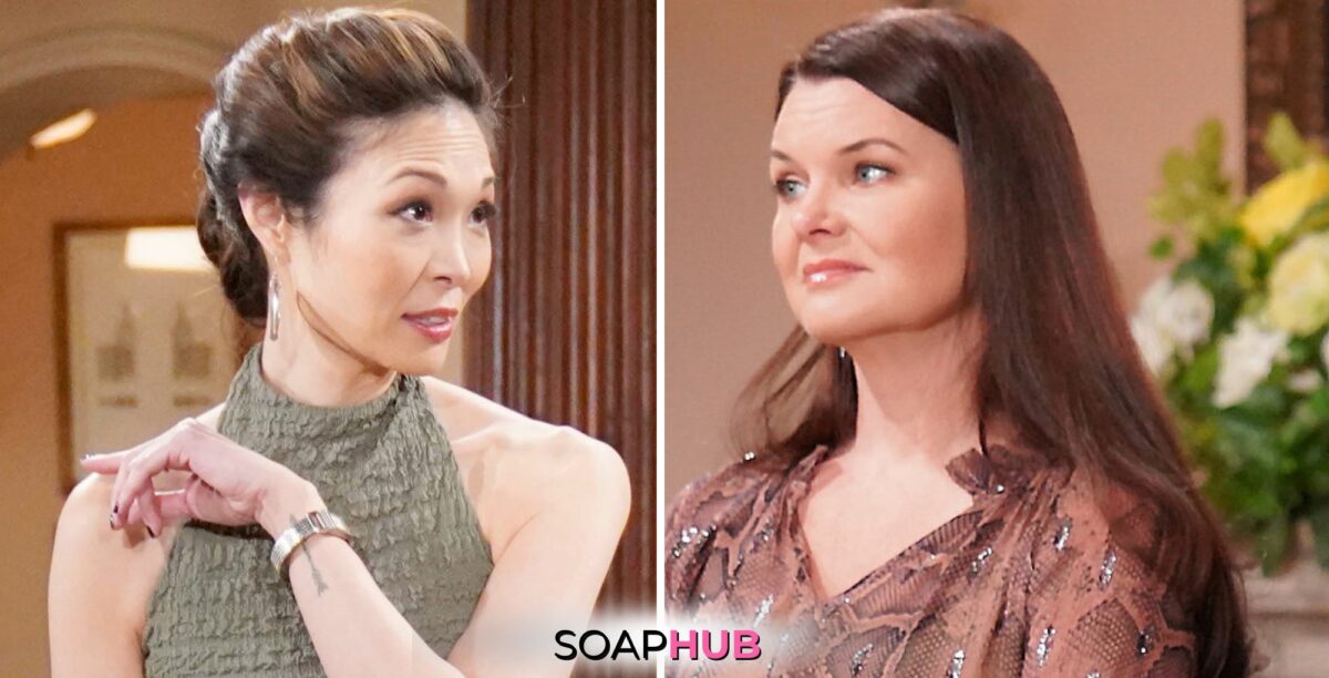 Bold and the Beautiful Spoilers for Thursday, July 25, Episode 9323 Feature Poppy and Katie with the Soap Hub Logo Across the Bottom.