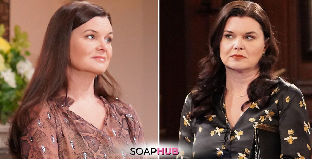 Bold and the Beautiful Spoilers for Monday, July 26, Episode 9325 Feature Katie with the Soap Hub Logo Across the Bottom.