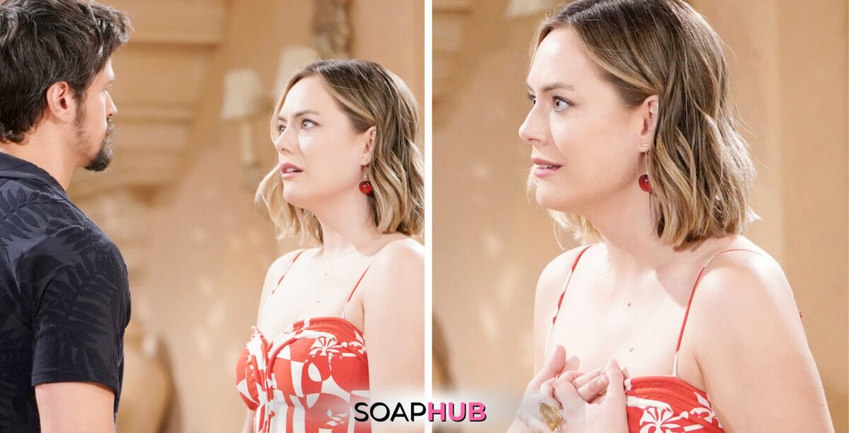 Bold and the Beautiful Spoilers for Monday, July 8, Episode 9310 Features Thomas and Hope with the Soap Hub Logo Across the Bottom.