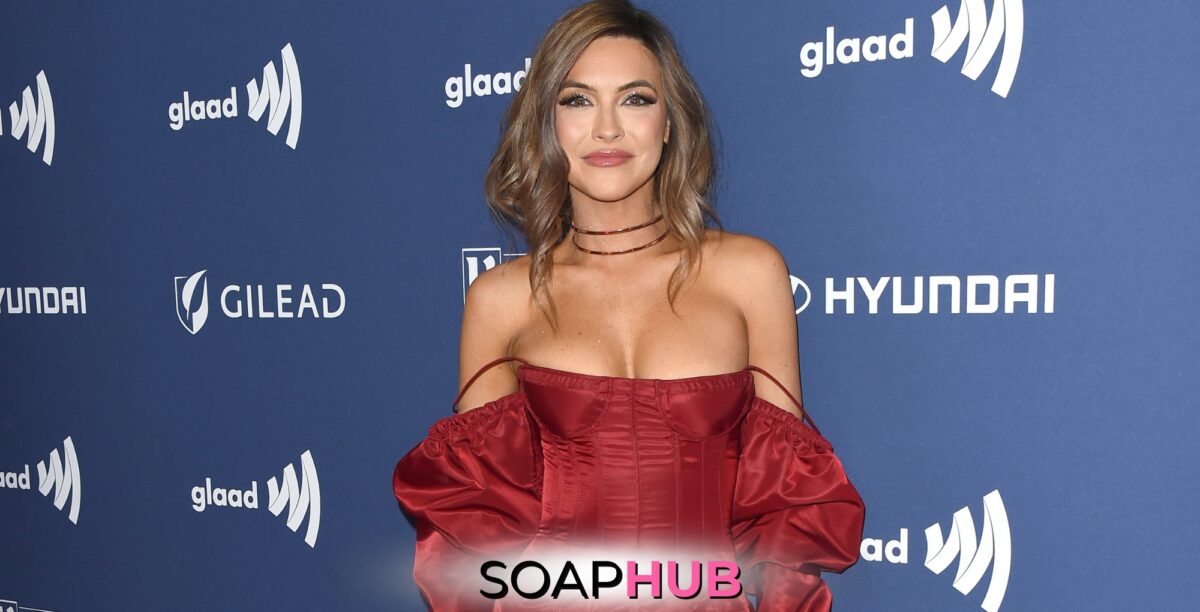 Image of Selling Sunset and soap vet Chrishell Stause, who is currently in Australia starring on Neighbours, with Soap Hub logo near bottom of image