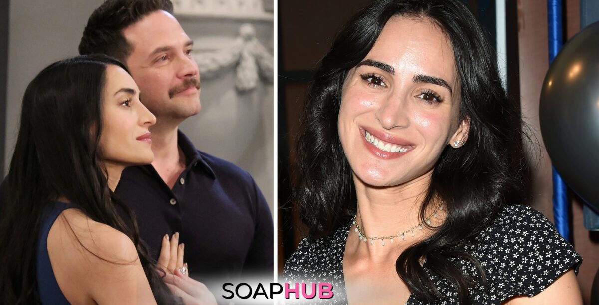 Graphic feature Image of Days of Our Lives' Cherie Jimenez and an episodic pic featuring Jimenez as Gabi alongside Brandon Barash's Stefan, with Soap Hub logo near bottom of image.