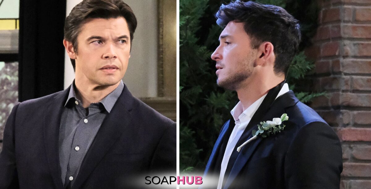 Days of our Lives spoilers for July 25 feature Alex and Xander with the Soap Hub logo.