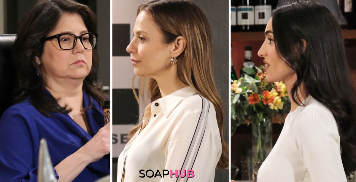 Days of our Lives Spoilers August 1 feature Ava, Gabi, and Connie with the Soap Hub logo.