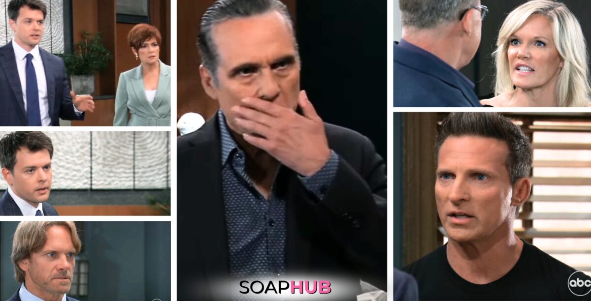 Collage of Monday, July 22 episode of General Hopital, with Soap Hub logo near bottom of image
