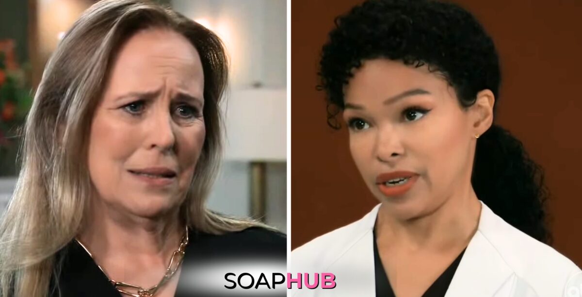General Hospital spoilers for Monday, July 8, 2024, featuring Laura and Portia, with the Soap Hub logo near bottom of image.