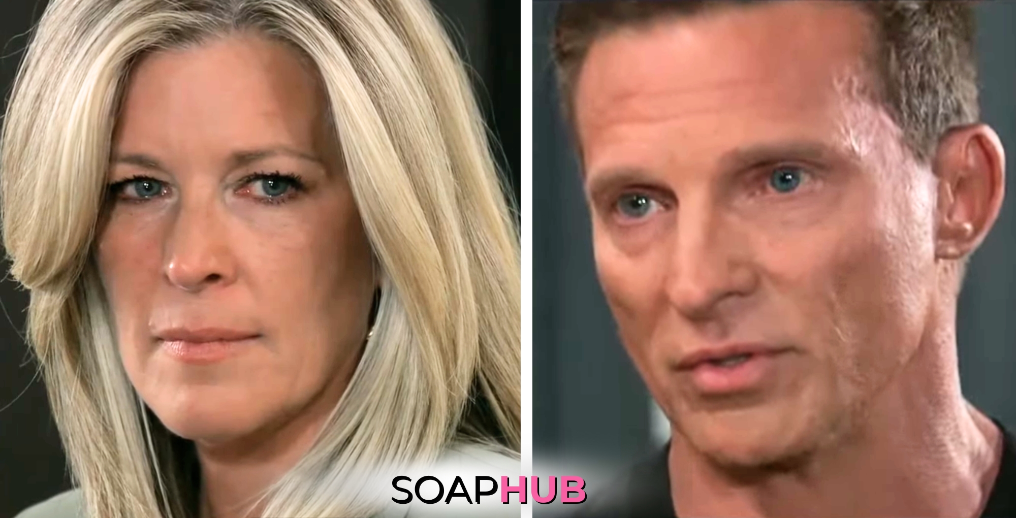 General Hospital spoilers for Thursday, July 18, 2024, featuring Jason and Carly, with the Soap Hub logo near bottom of image.