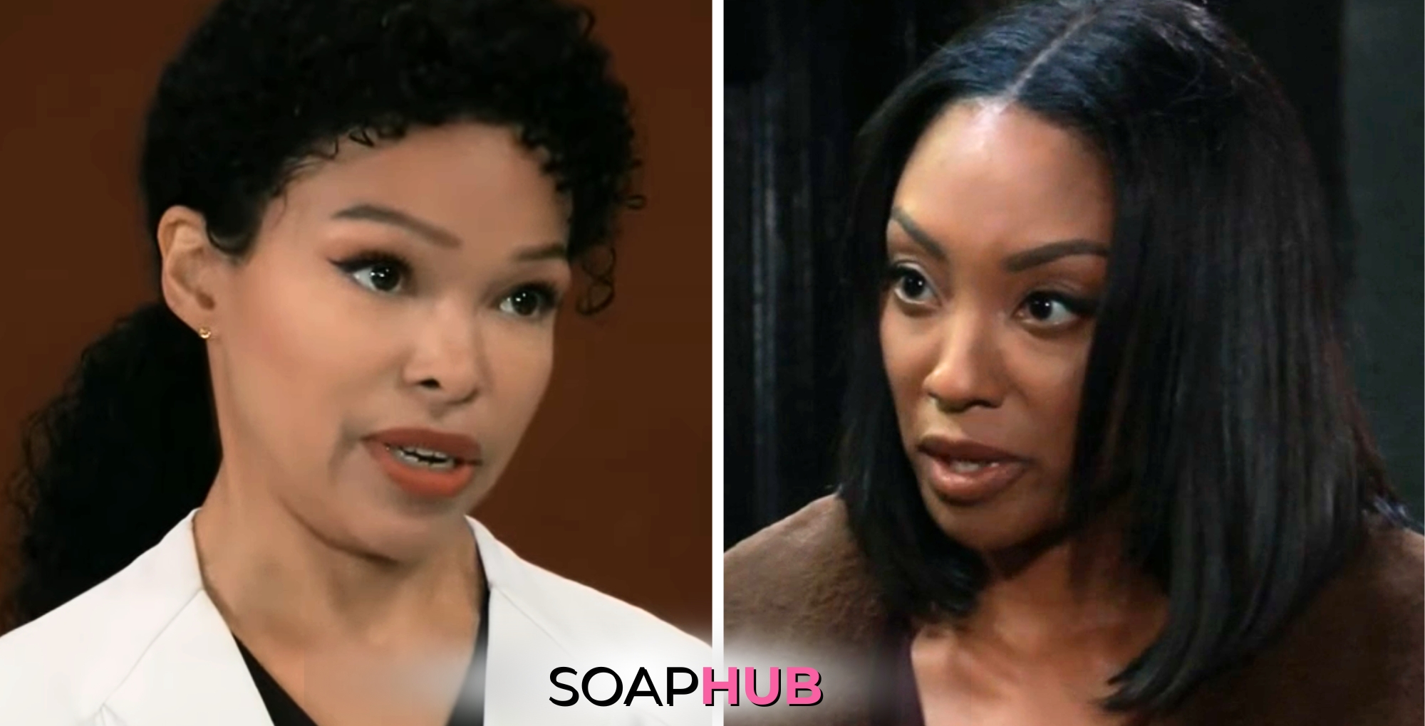 General Hospital spoilers for Thursday, July 11, 2024, featuring Portia and Jordan, with the Soap Hub logo near bottom of image.