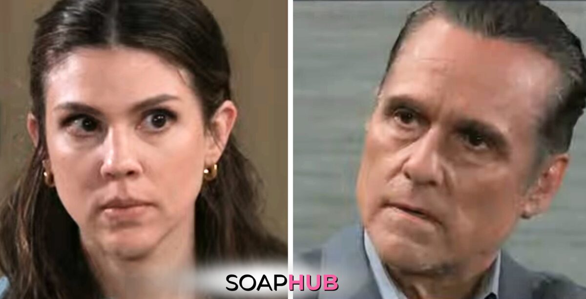 General Hospital spoilers for Thursday, August 1, 2024, featuring Kristina and Sonny, with the Soap Hub logo near bottom of image.