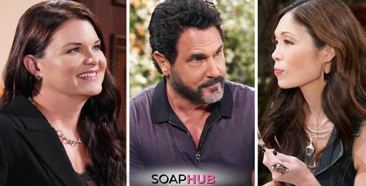 Weekly Bold and the Beautiful Spoilers for July 22-26 Feature Katie, Bill and Poppy with the Soap Hub Logo Across the Bottom.