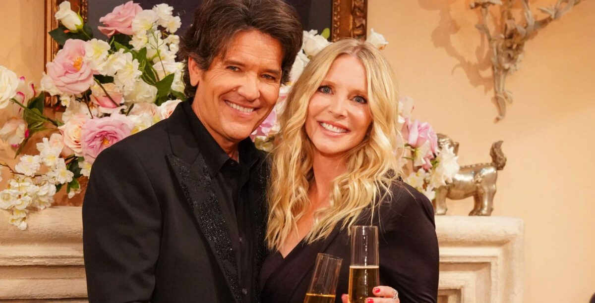 Young and the Restless Michael Damian and Lauralee Bell at Bold and the Beautiful with the Soap Hub logo.