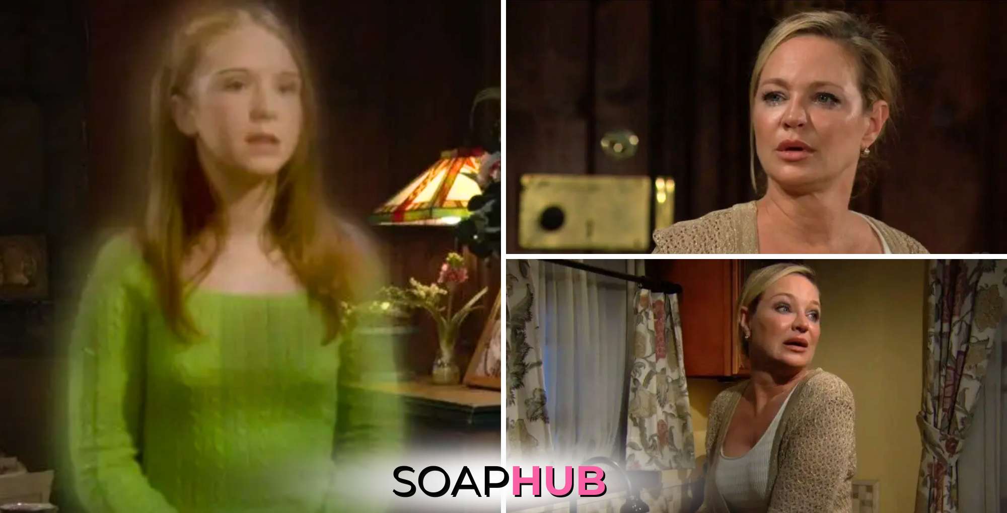 The Young and the Restless July 15 with ghost Cassie and Sharon and the Soap Hub logo.