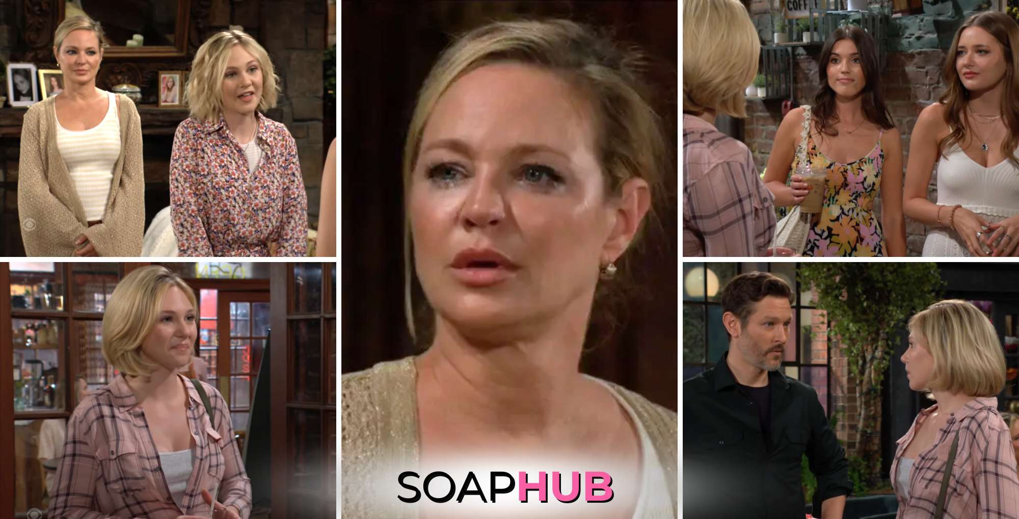 Sharon, Lucy, Faith, Daniel on The Young and the Restless with the Soap Hub logo.