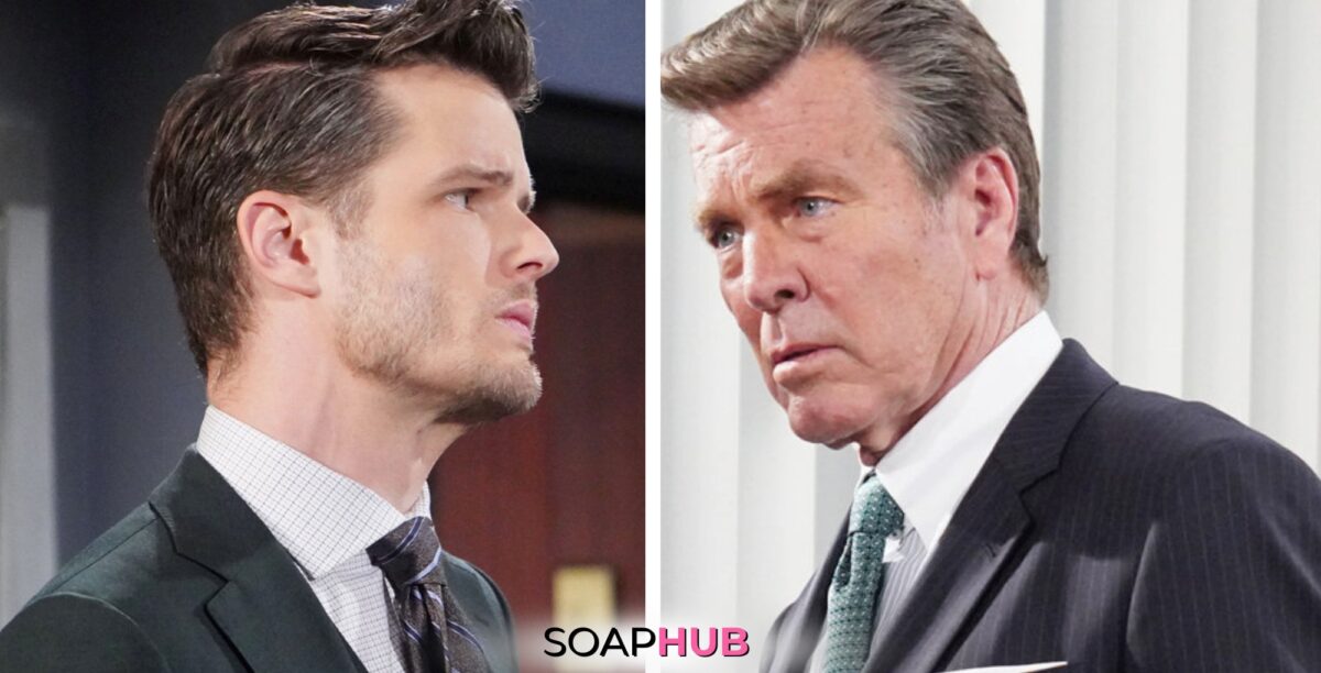 The Young and the Restless spoilers for July 3 features Kyle and Jack with the Soap Hub logo.
