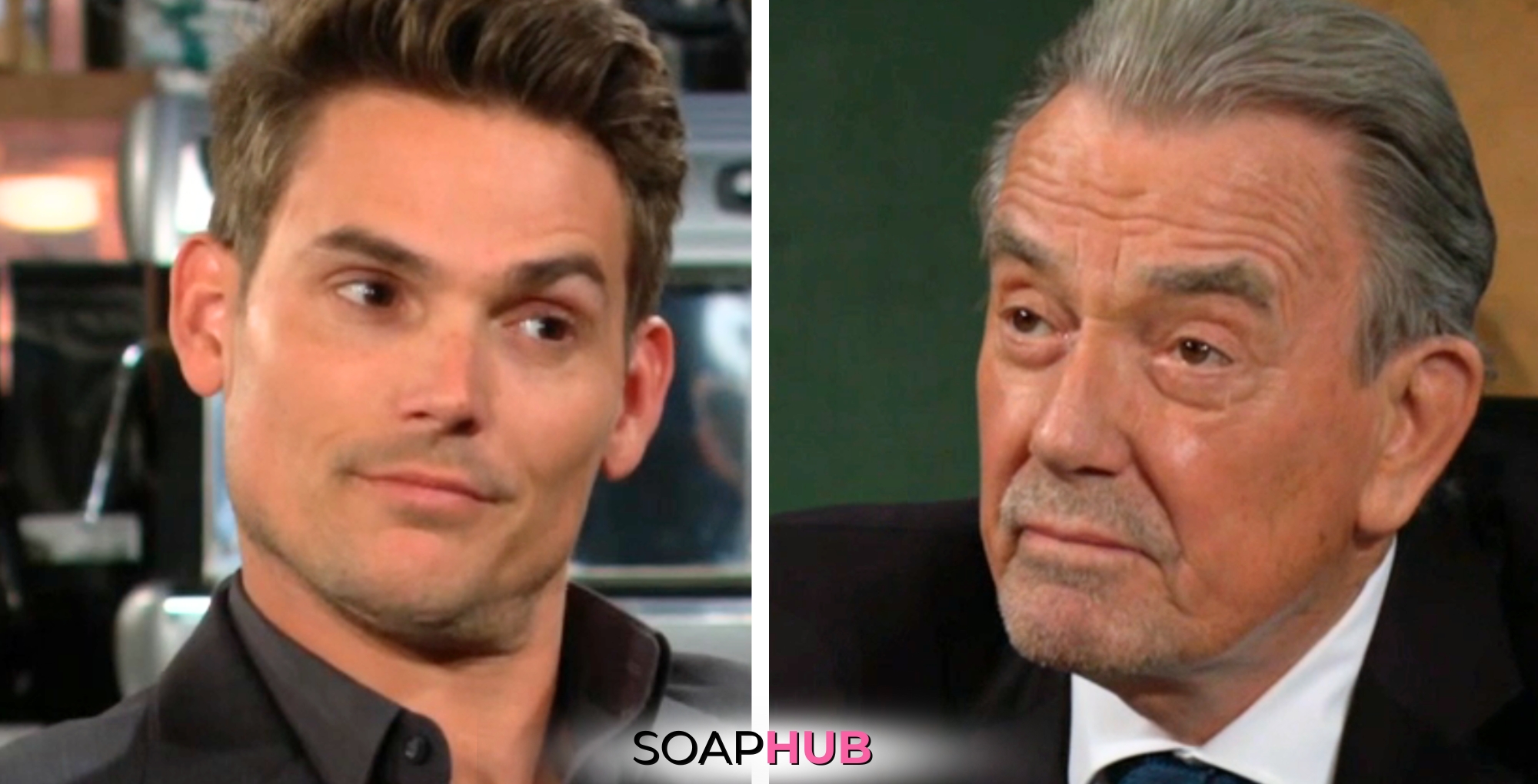 The Young and the Restless spoilers for July 12 with Adam and Victor and the Soap Hub logo.