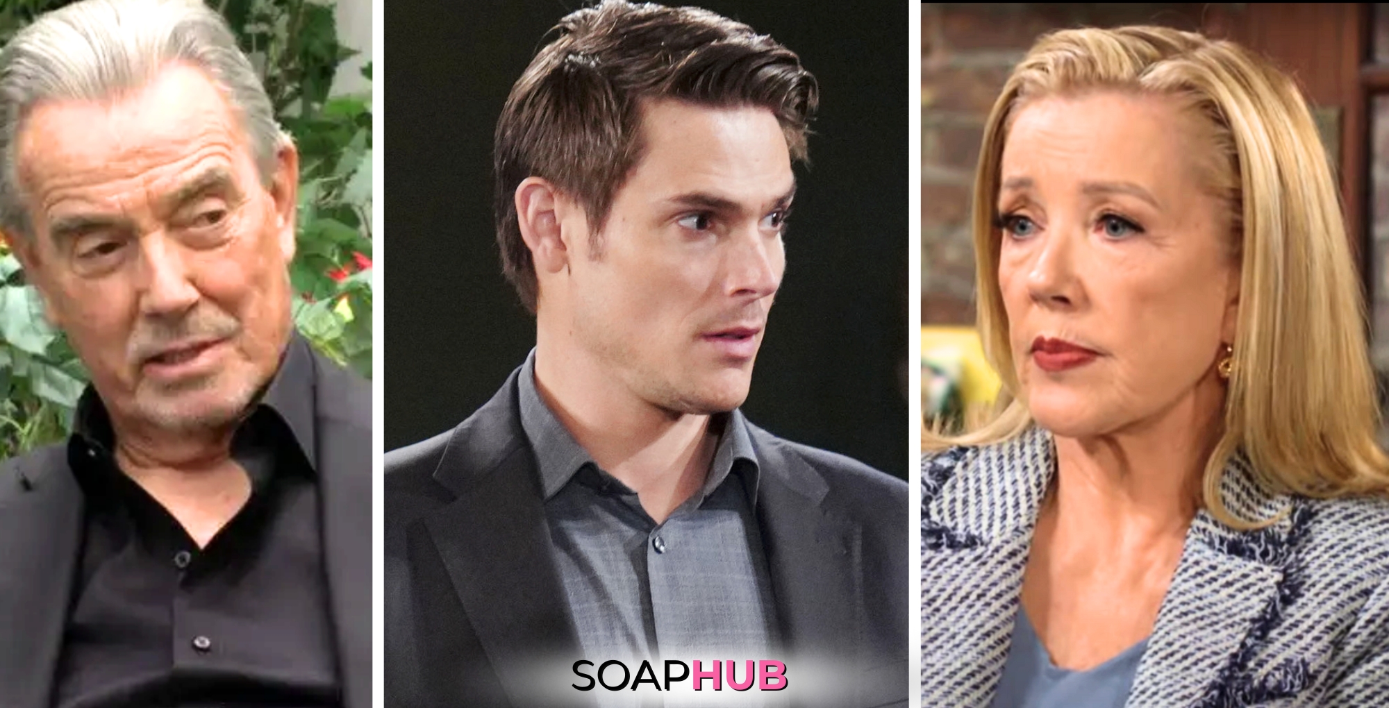 The Young and the Restless spoilers for July 18 with Victor, Adam, and Nikki and the Soap Hub logo.