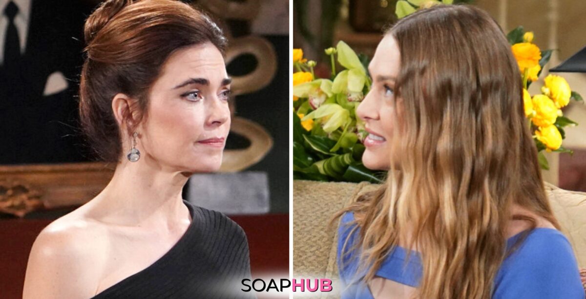 The Young and the Restless spoilers for July 26 feature Victoria and Claire with the Soap Hub logo.