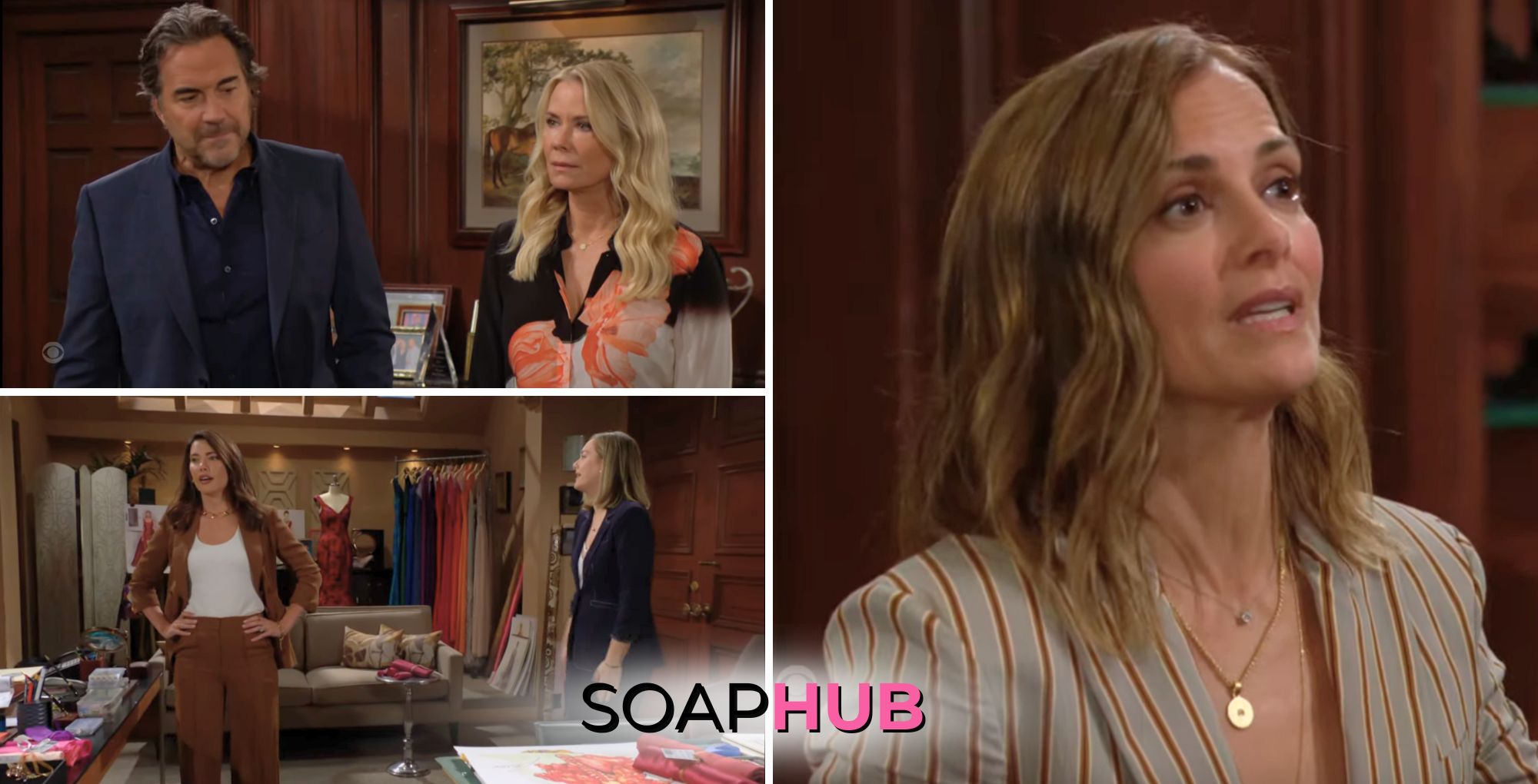 Collage of the Wednesday, August 21 episode of The Bold and the Beautiful, with Soap Hub Logo on bottom of image