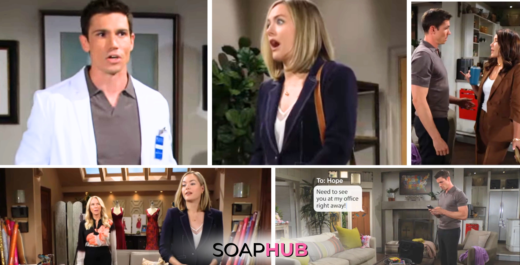 Collage of the Thursday, August 15, episode of The Bold and the Beautiful, with Soap Logo near bottom of the image.