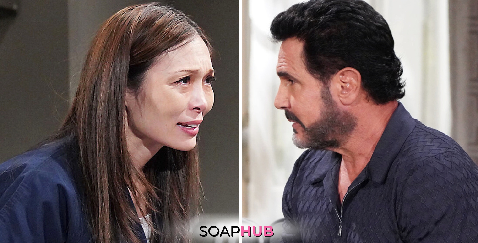 Bold and the Beautiful Spoilers for Thursday, August 29, Episode 9348 Feature Poppy and Bill with the Soap Hub Logo Across the Bottom.