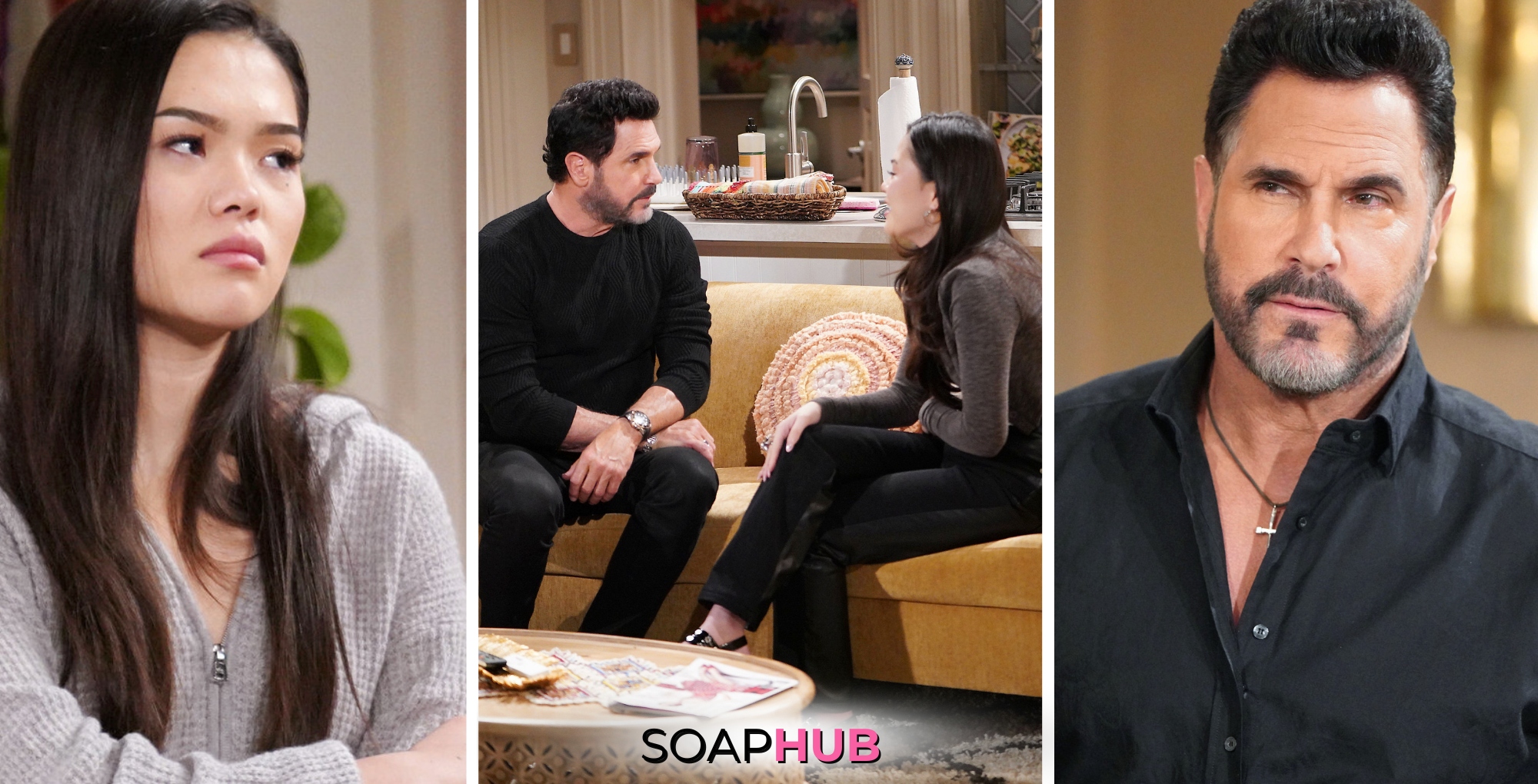 Bold and the Beautiful Spoilers for Thursday, August 15, Episode 9338 Feature Luna and Bill with the Soap Hub Logo Across the Bottom.