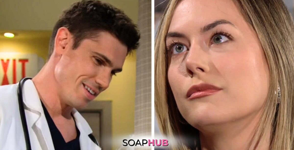 Bold and the Beautiful Spoilers for Wednesday, August 7, Episode 9332 Feature Finn and Hope with the Soap Hub Logo Across the Bottom.