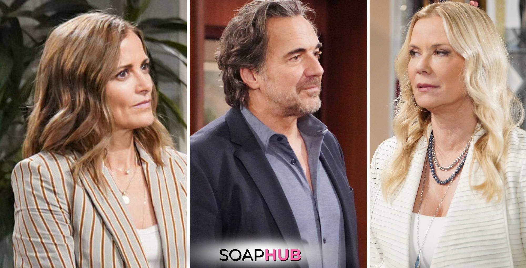 Bold and the Beautiful Spoilers for Thursday, August 21, Episode 9343 Features Taylor, Ridge and Brooke with the Soap Hub Logo Across the Bottom.