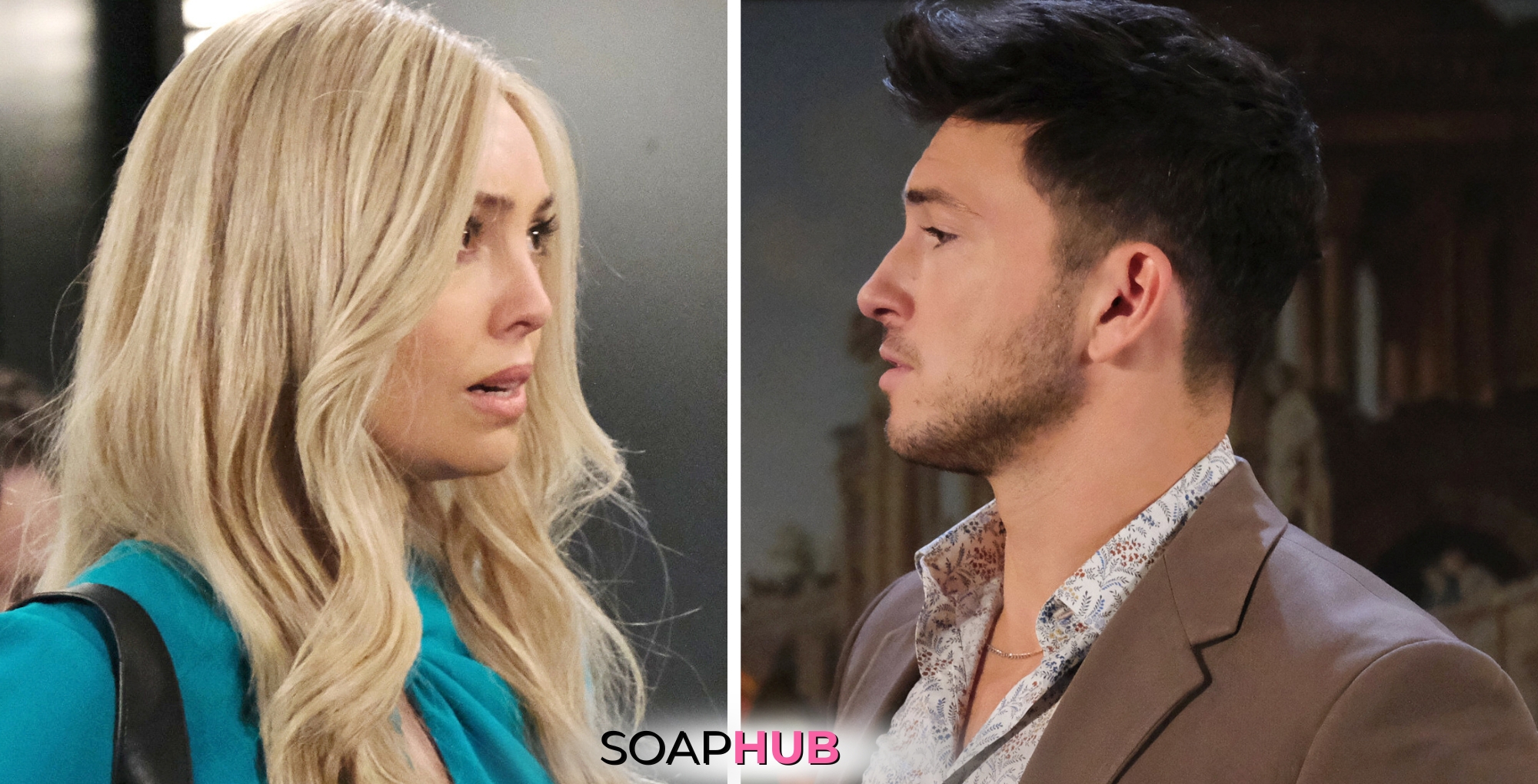 Days of our Lives Spoilers August 20 Alex, Theresa, and the Soap Hub logo.