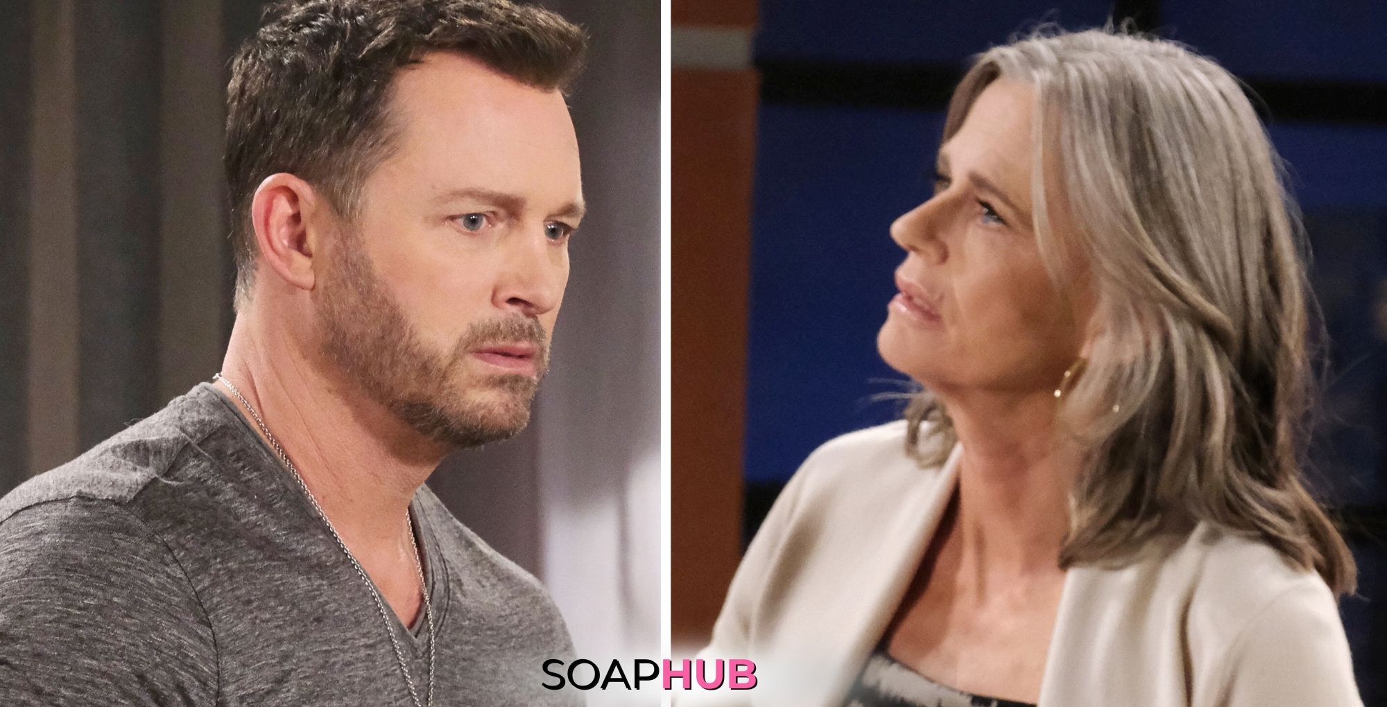 Days of our Lives Spoilers August 15 Fiona, Brady, and the Soap Hub logo.