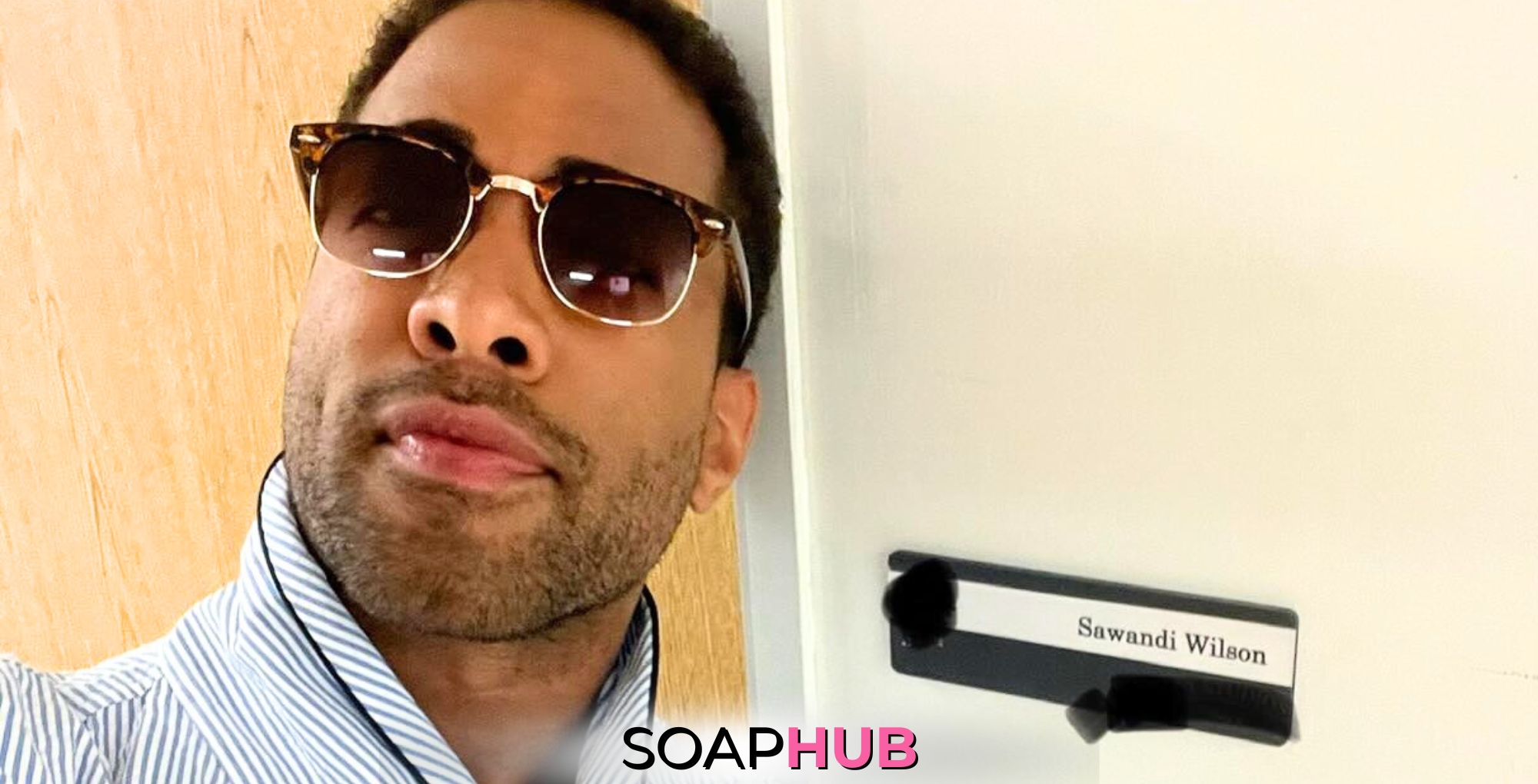 Sawandi Wilson on the set of General Hospital where he recently started as Doctor Isaiah, with Soap Hub logo at the bottom