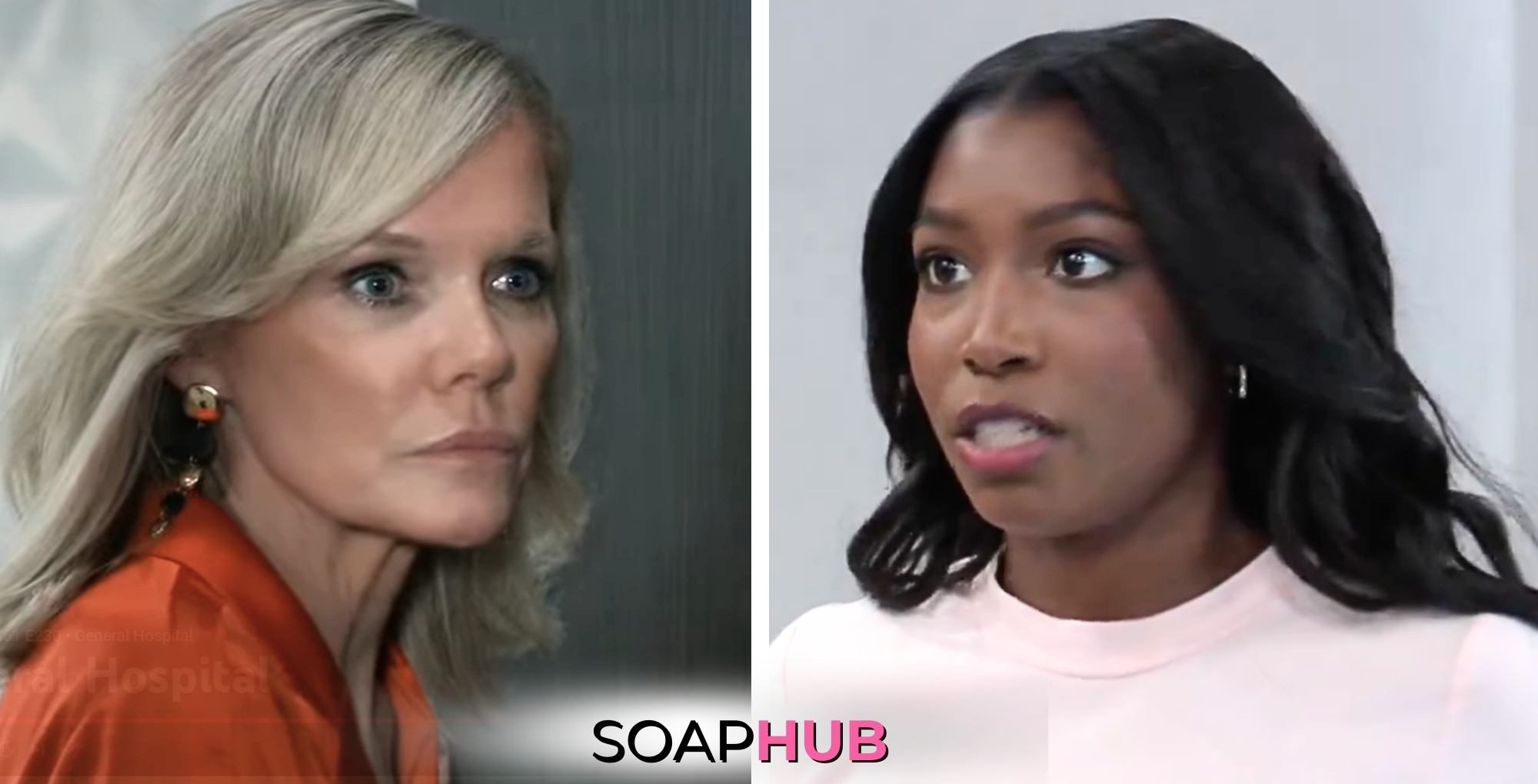 General Hospital spoilers for Wednesday, August 21, 2024, featuring Ava and Trina, with the Soap Hub logo near bottom of image.