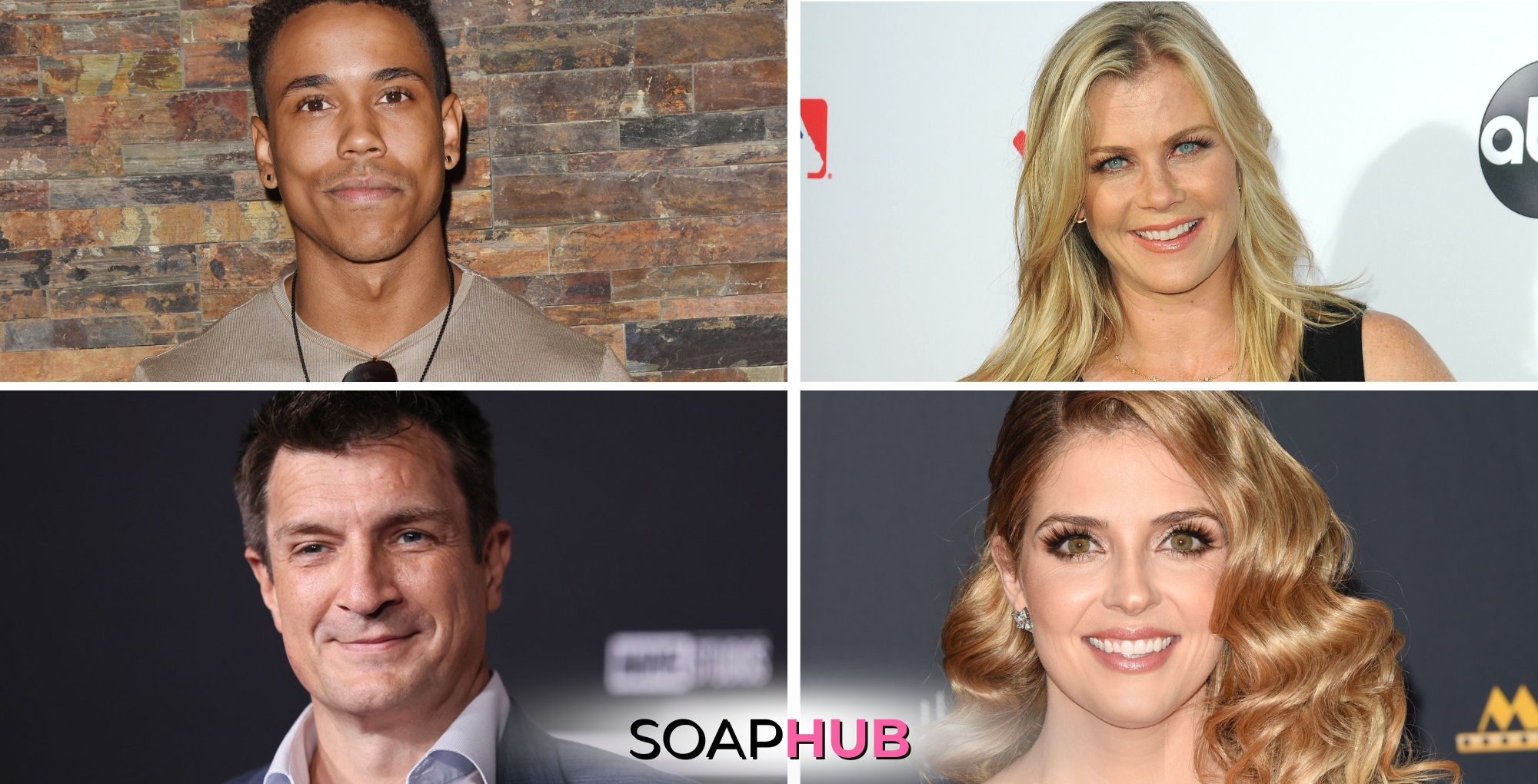 Tajh Below, Alison Sweeney, Nathan Fillion, and Jen Lilley with the Soap Hub logo across the bottom.