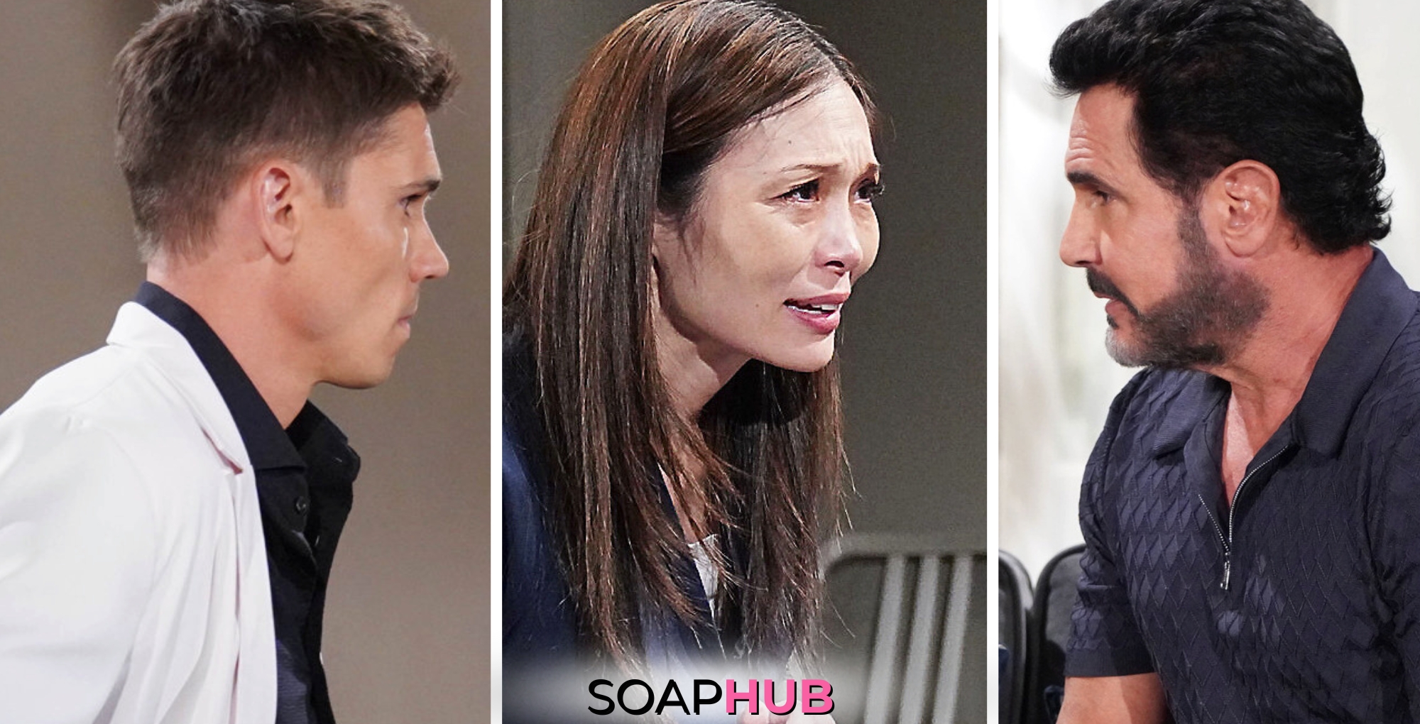 Weekly Bold and the Beautiful Spoilers September 2-6 Feature Finn, Poppy and Bill with the Soap hub Logo Across the Bottom.