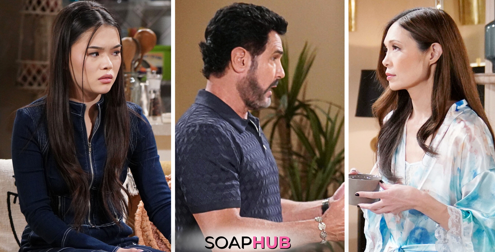 Weekly Bold and the Beautiful Spoilers for August 26-30 Feature Luna, Bill and Poppy with the Soap Hub Logo Across the Bottom.