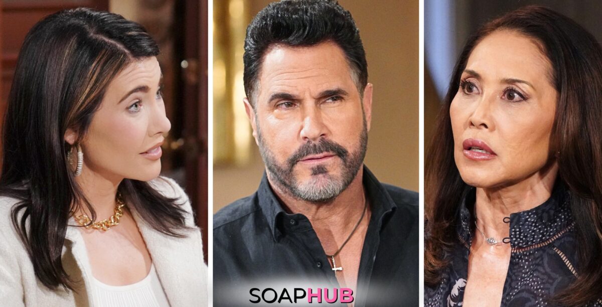 Bold and the Beautiful spoilers for August 12-16 with Steffy, Bill, and Li and the Soap Hub logo.