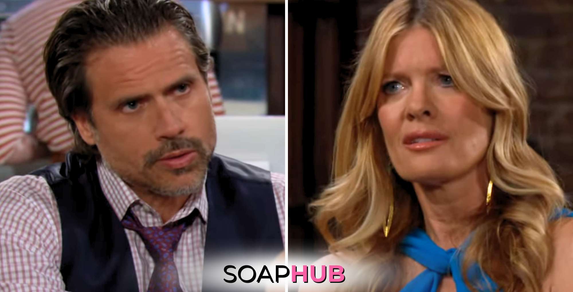 Young and the Restless August 26 with Nick and Phyllis and the Soap Hub logo.