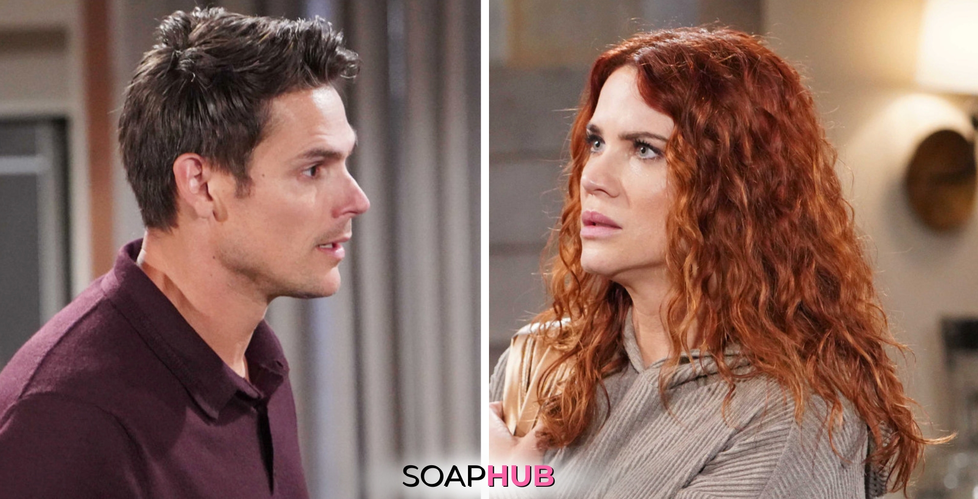 Young and the Restless Spoilers August 28 Adam and Sally with the Soap Hub logo.