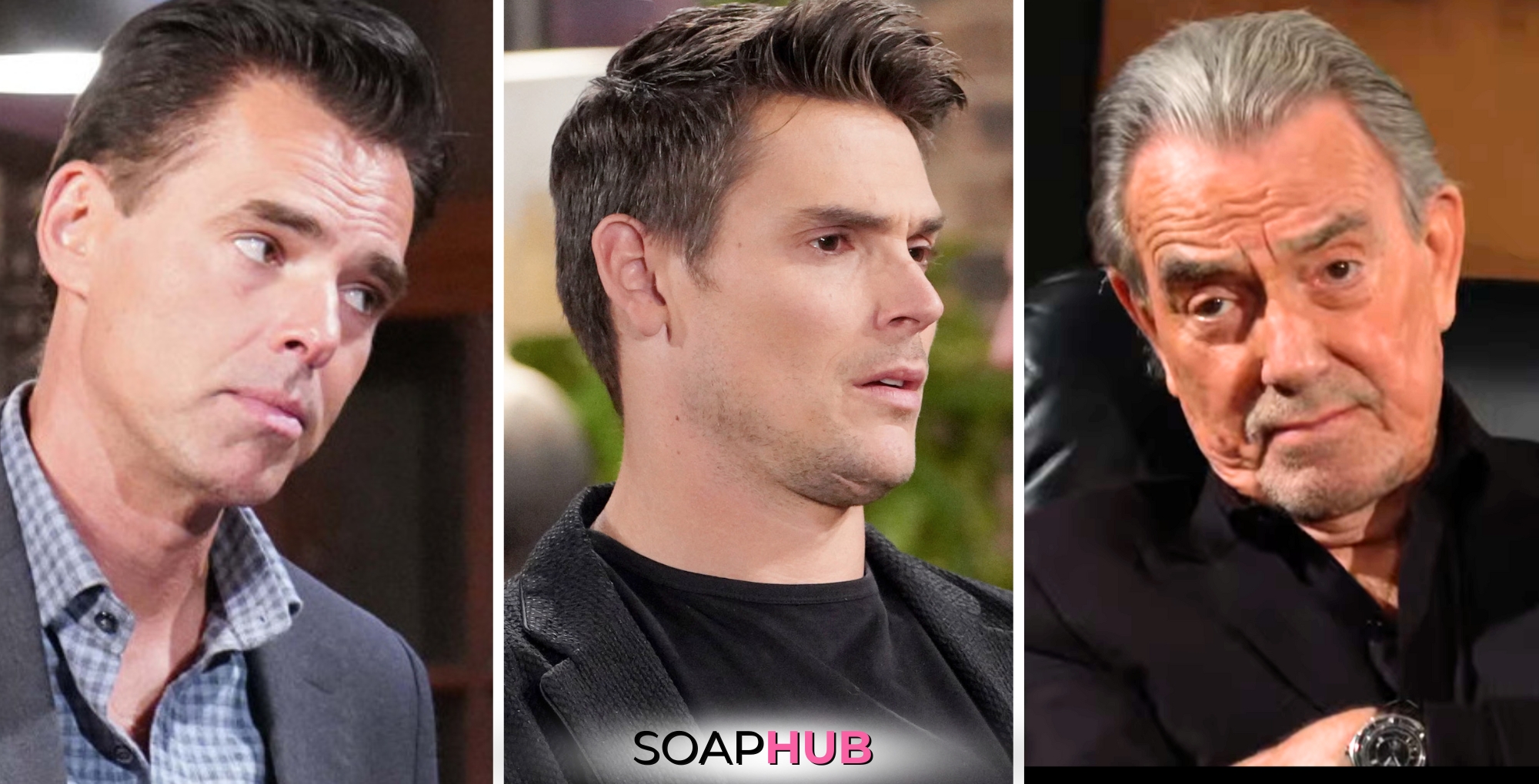 Y&R Spoilers August 12 Victor, Adam, and Billy with the Soap Hub logo.