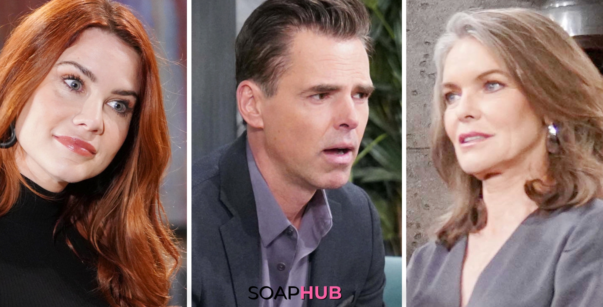 Young and Restless Spoilers August 22 Billy, Sally and Diane with the Soap Hub logo.