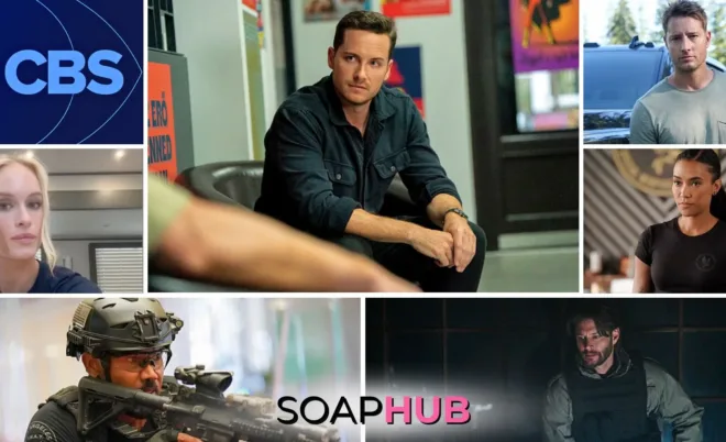 Image featuring daytime alums starring on CBS primetime, the CBS logo, and the Soap Hub logo