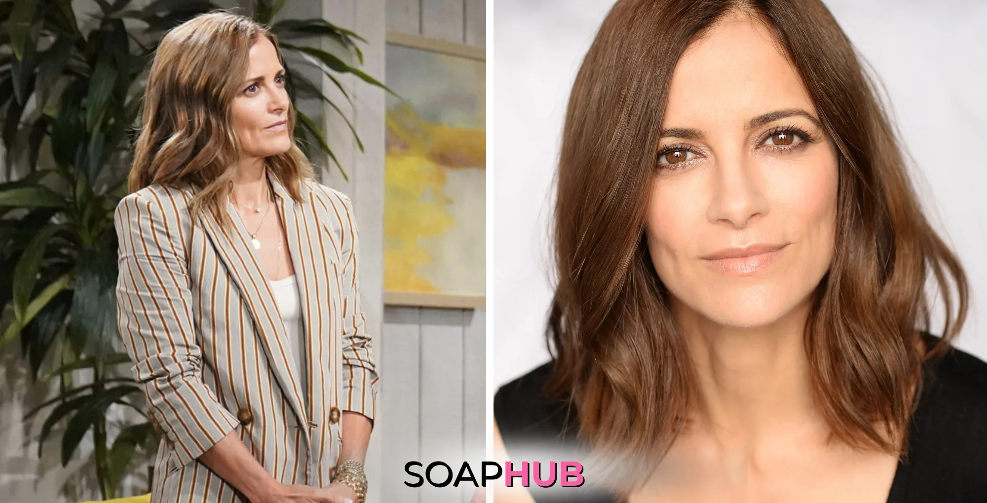 Bold and the Beautiful's Taylor, Rebecca Budig, and the Soap Hub logo.