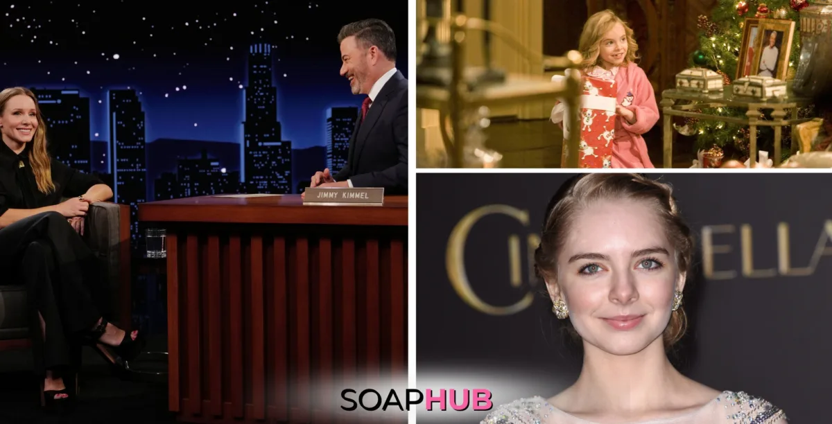 Images of Kristen Bell on ABC's The Jimmy Kimmel Show plus Darcy Rose Byrnes on Y&R and on red carpet, with Soap Hub logo