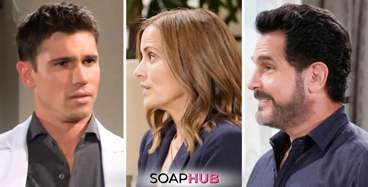 Bold and the Beautiful Spoilers Weekly Update September 23-27 Finn, Taylor, Bill, and the Soap Hub logo.